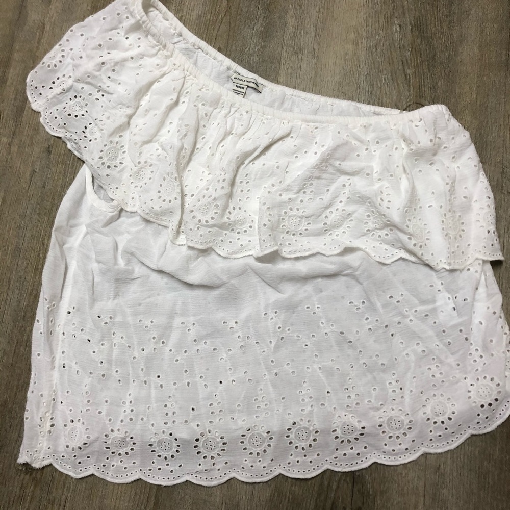 One shoulder white eyelet top